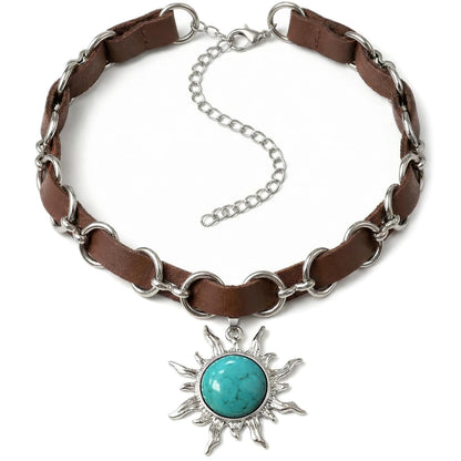 Ladywowu Turquoise Choker Necklace, Western Necklace with Sun Pendant, Adjustable Turquoise Necklace for Women