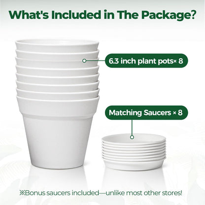 T4U 6 Inch Plant Pot 8-Pack, Plastic Planter with Drainage Hole and Saucer, Decorative Nursery Pots Bulk for African Violet, Snake Plant, Succulent, Herb and Plants Indoor (8 Pcs 6" Pots, White)