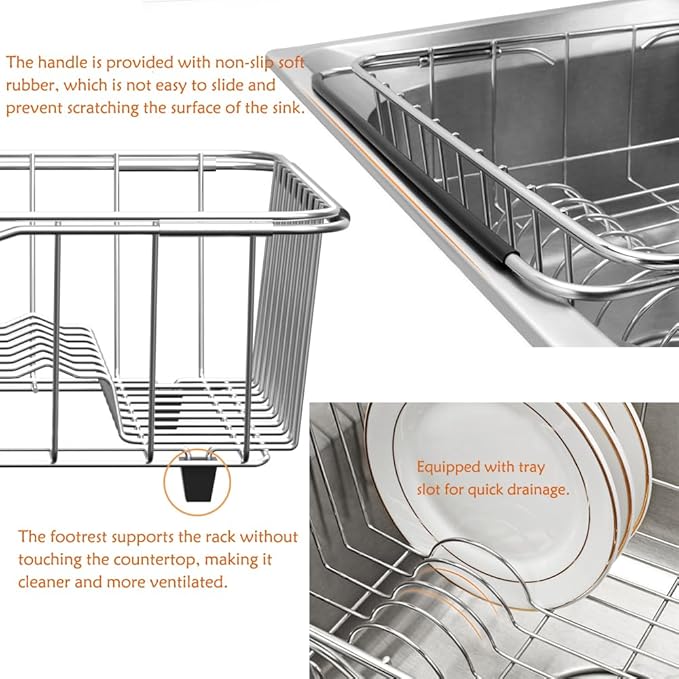 NiuYichee Stainless Steel Dish Drying Rack(15"L X 11"W X 4.1"H), Expandable Fruit & Vegetable Drain Rack over Sink, Dish Drainer Rack in Sink, with Stainless Steel Utensil Holder & Silicone Mat(16")