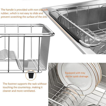 NiuYichee Stainless Steel Dish Drying Rack(15"L X 12.6"W X 4.7"H), Expandable Fruit & Vegetable Drain Rack over Sink, Dish Drainer Rack in Sink, with Stainless Steel Utensil Holder & Silicone Mat(16")