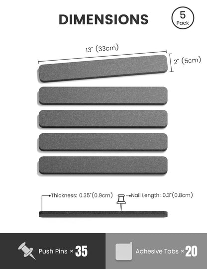 Fluxynara Cork Board Alternative Felt Strip Board 5-Pack 13"x2", Office Pin Board with 35 Push Pins, Adhesive Install for Bedroom Door & Home Office(Charcoal Gray)