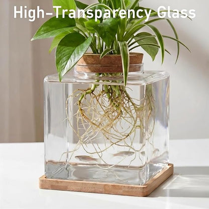 Desktop Betta Fish Tank with Wood Lid and Bamboo Stand Small Fish Bowl Glass for Beta Fish Hydroponic Plant Terrarium Aquarium Starter Kit 0.5 Gallon