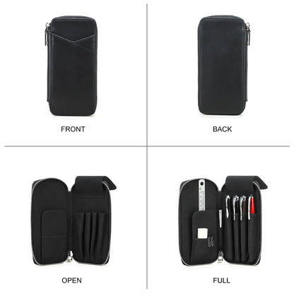 Hiram Handmade 4-Pen Case, Triple-Zip Crazy-Horse Leather Pouch with Microfiber Suede Lining, Heart-Stamped, Fountain/Ballpoint Box, Vintage Executive Stationery Storage(Black)