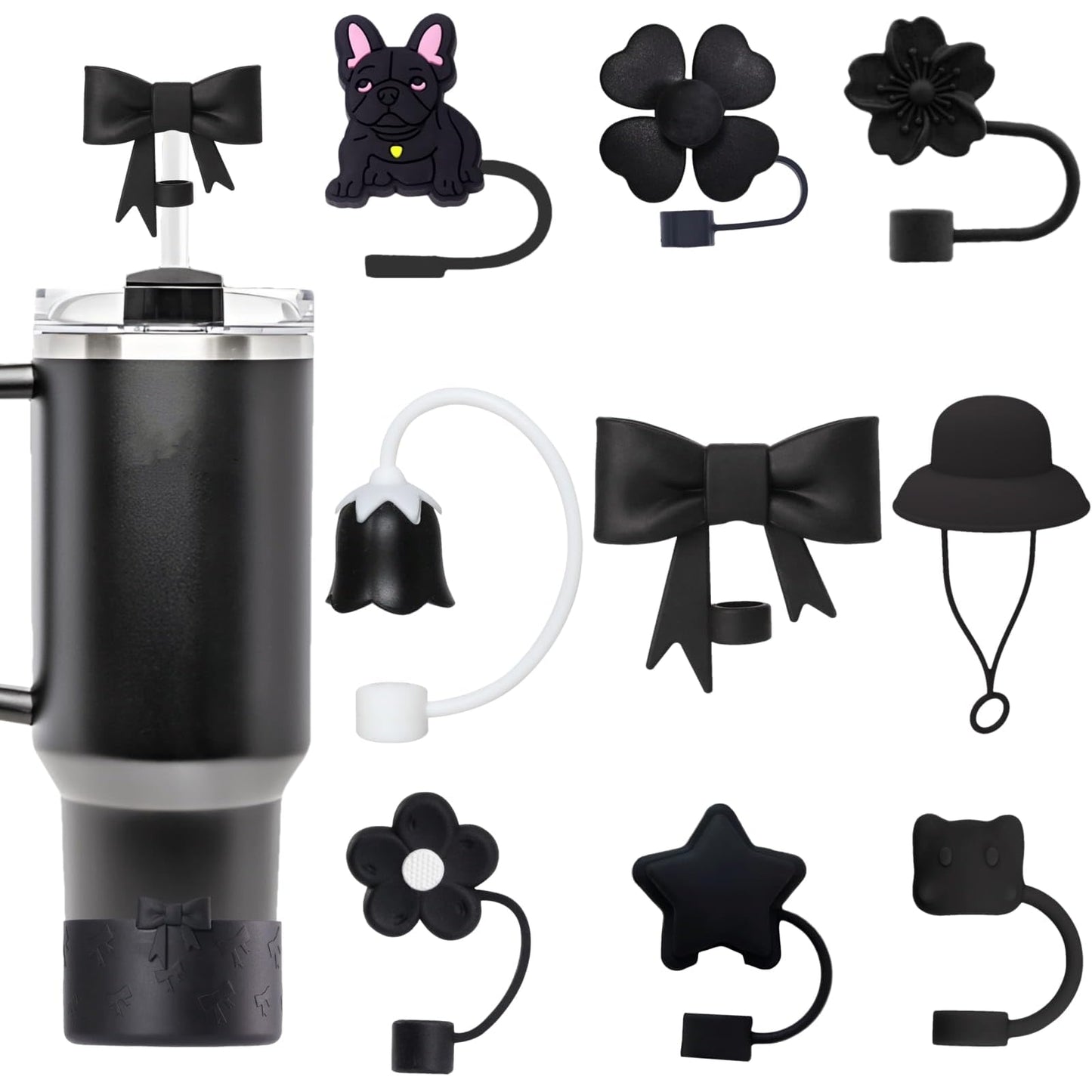 SCRMROIA 10 Packs 3D Mixed Straw Toppers & Bow Cup Boot Set, Compatible with Stanley Cup 30&40 Oz, Soft Silicone Accessories, Covers Fit 0.4in/10mm Straw, Dust Proof Anti-Scratch (Black Series)