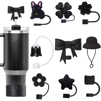 SCRMROIA 10 Packs 3D Mixed Straw Toppers & Bow Cup Boot Set, Compatible with Stanley Cup 30&40 Oz, Soft Silicone Accessories, Covers Fit 0.4in/10mm Straw, Dust Proof Anti-Scratch (Black Series)
