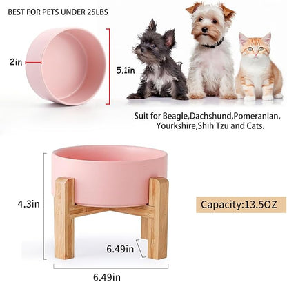 Petygooing PinkElevated/Raised Ceramic Dog Bowl for Small Breeds, Dog Food Water Dish with Stand,Pet Feeding Bowl with Anti Slip Rubber for Cats and Small Dogs Puppy 13.5 OZ (5.1In / 1.7 Cups)