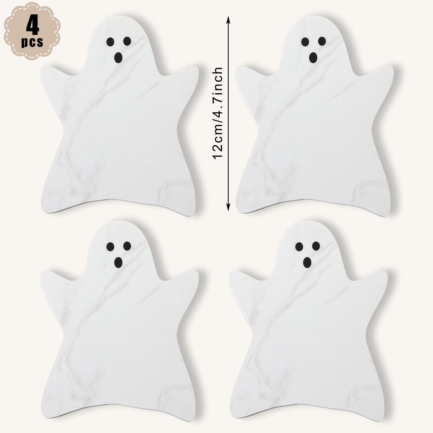 Acellegic 4pcs Marble Coasters Halloween Ghost Coasters 4.7 x 3.9 Inches for Drinks Beverage Boo Mug Cup Car Desk Party Decoration(Halloween Ghost,White)