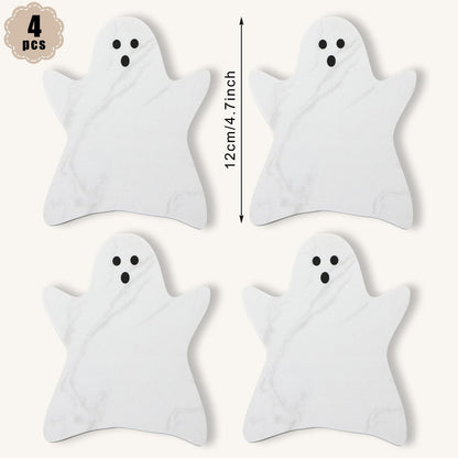 Acellegic 4pcs Marble Coasters Halloween Ghost Coasters 4.7 x 3.9 Inches for Drinks Beverage Boo Mug Cup Car Desk Party Decoration(Halloween Ghost,White)