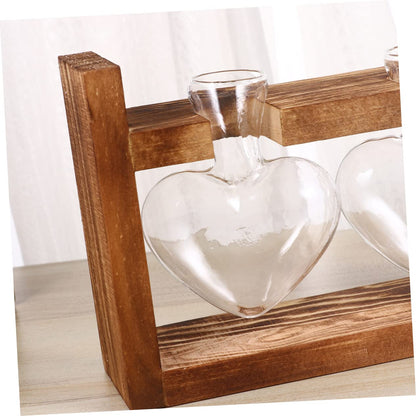 PRETYZOOM 2Pcs Retro Heart Shaped Hydroponics Planter with Wooden Rack Glass Vases for Flower Arrangement and Green Plant Propagation Temperature Resistant Decorative Terrarium for Home
