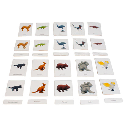 ancona Australian Animals, Spanish/English Bilingual, Montessori Preschool Memory Matching Game Box Set with Animal Figurines & 3-Part Cards, Early Education Toy