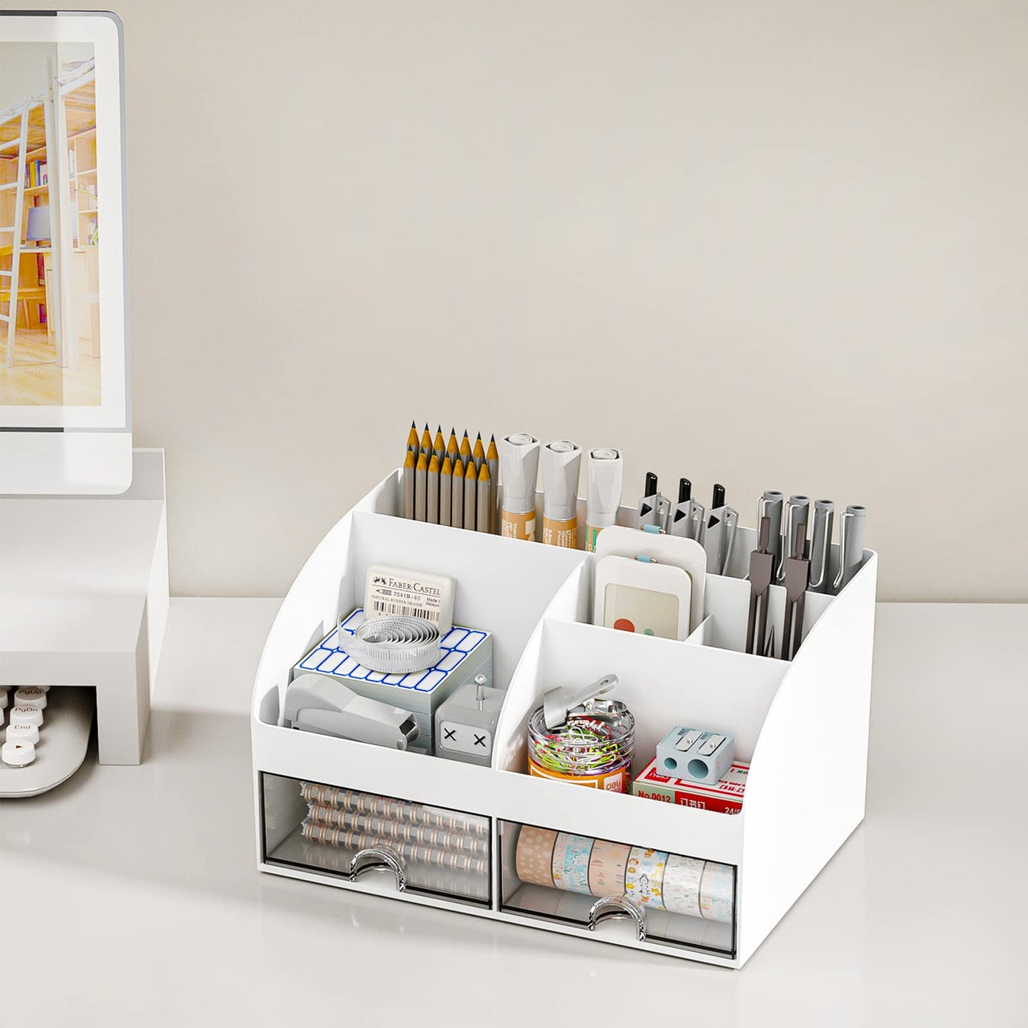 COMFYROOM Desk Organizer with 6 Compartments and 2 Drawers, Plastic Makeup Organizer, Pen Holder for Desktop Storage, Desk Organization for School, Home, Office Supplies (White)