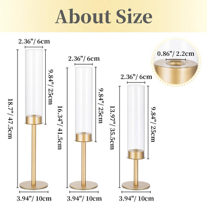 Hewory Gold Candle Holders, 3Pcs Brass Candle Stick Candelabra with Glass Candle Cover for Wedding Table Centerpiece Christmas Decor