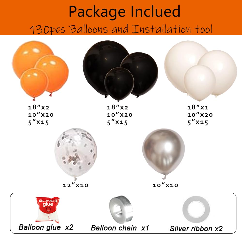 Leesoot All In One 130pcs Black & Orange Balloon Arch Garland Kit, 5 10 12 18inch Different Size Latex Balloons Birthday Party Decoration Halloween Graduation Bengals Harley Davidson + Tools