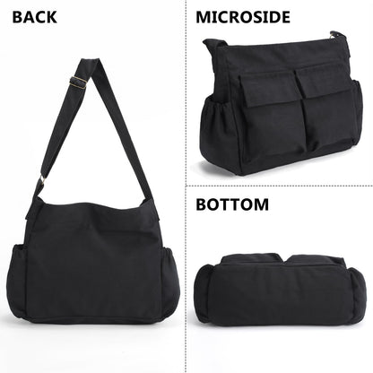 VODIU Canvas Messenger Bag Large Hobo Crossbody Bags for Women,Men, Shoulder Tote Handbags with Laptop Pocket Black