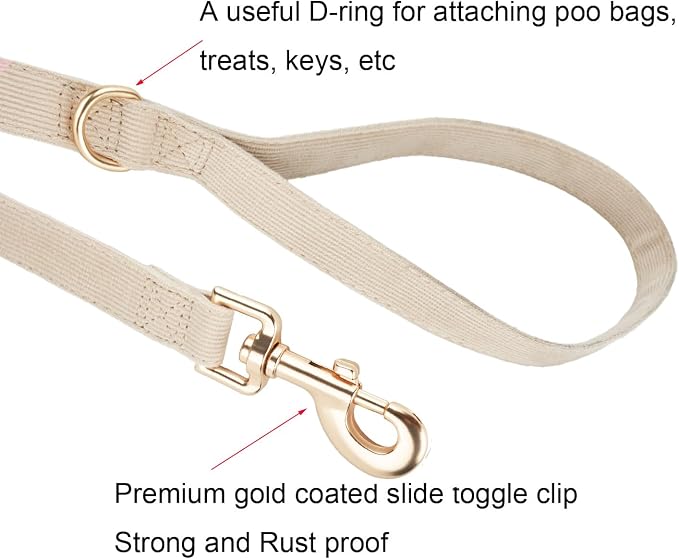 Soft Corduroy Dog Collar and Leash Set Adjustable Durable Wedding Dog Collars with Metal Buckle and Lead for Small Dogs,Beige