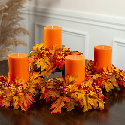 Factory Direct Craft Fall Oak Leaf Candle Rings with Autumn Berries - Set of 4 Artificial Floral Pillar Candle Wreath Rings for Thanksgiving and Halloween Tables Fall Decor Wedding Centerpieces