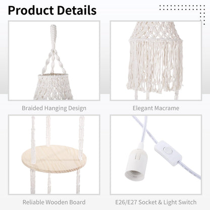 3-Tier Macrame Lampshade & Plant Hanger, Bohemian Hanging Lamp Plant Shelf, Plug-in Pendant Light Hanging Rope Shelf, Floating Round Flower Pot Holder, Bohemian Home Decor (Not Included Lamp)