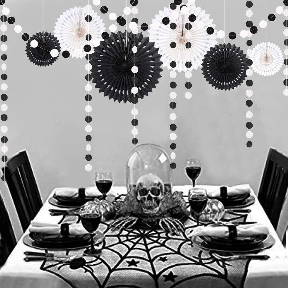 Cheerland Black White Party Decorations Hanging Paper Fans Garland Kit Gothic Decor Wedding Decoration Halloween Birthday Backdrop Baby Shower Goth Casino Emo Spooky Haunted House Party Supplies