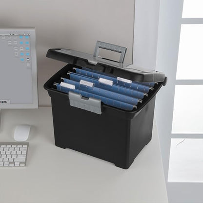 Sterilite 4-Pack Portable File Box, Stackable Container for Letter Hanging Folders, Black - Paper Document Plastic Storage Organizer with Latching Lid for Home, Office, and Dorm Organization
