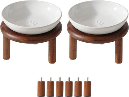 Havniva Elevated Cat Bowls Raised Ceramic Cat Bowl, 5.7” Wide Opening Cat Food Bowl Whisker Friendly Cat Dish Anti-Slip with Wood Stand, Shallow Pet Food & Water Bowl for Indoor Cats
