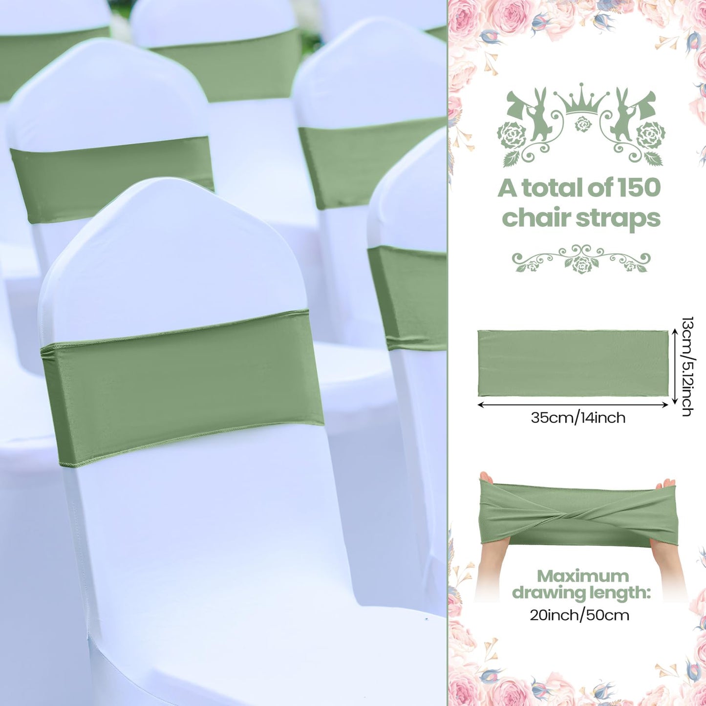 Kinlop 150 Pcs Spandex Chair Sashes Bows Stretch Chair Cover Bands Elastic Ties Bands Slider Sashes Without Buckle Decorations for Wedding Party Events Ceremony Birthday(Sage Green)