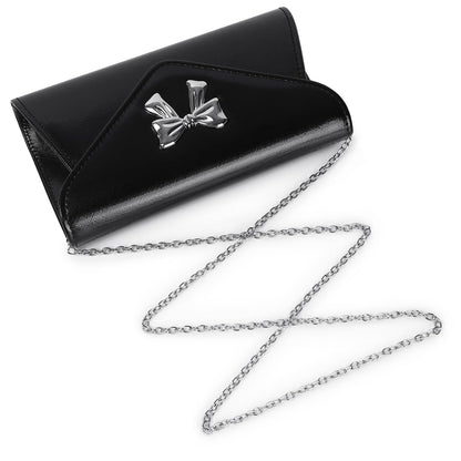 Gurina Evening Clutch Purse for Women with Bow Detail, Elegant PU Leather Shiny Party Bag with Detachable Chain Wedding Prom Handbag (Black L70)