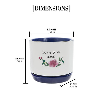 Pavilion Gift Company - Mom - Planter with Attached Dish, Ceramic Planter with Drainage Hole, Succulent Orchid Flower Pot, Unique, 1 Count (Pack of 1), 4.75 x 4.25 inches