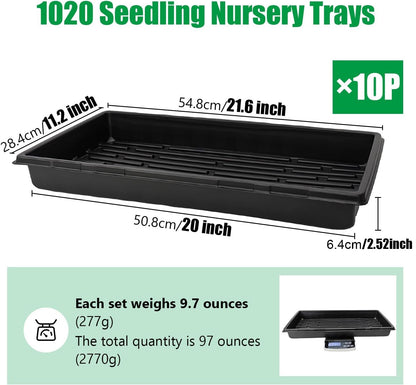 RooTrimmer 10 Pack 1020 Trays with 6.3inch High Humidity Domes, Thick and Heavy Duty Seed Starting Trays, Extra Strength Seed Starter Covers with 2 Adjustable Vents-