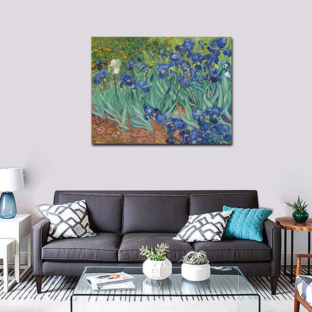 Wieco Art Irises Modern Stretched and Framed Floral Giclee Canvas Print By Van Gogh Famous Flowers Oil Paintings Reproduction Artwork Pictures on Canvas Wall Art for Bedroom Home Decorations