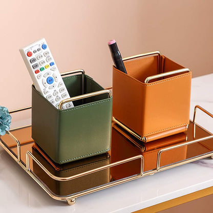 Kelendle Leather Pencil Holder Desktop Organizer Iron Art Desktop Makeup Brush Remote Control Storage Box Office Pen Holder for Desk Brown