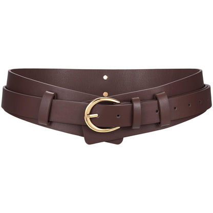 SANSTHS Belt for Women 2-in-1 Waistband for Dress Coats Pants, Women Wide Leather Belt with Fashion Buckle, Coffee S