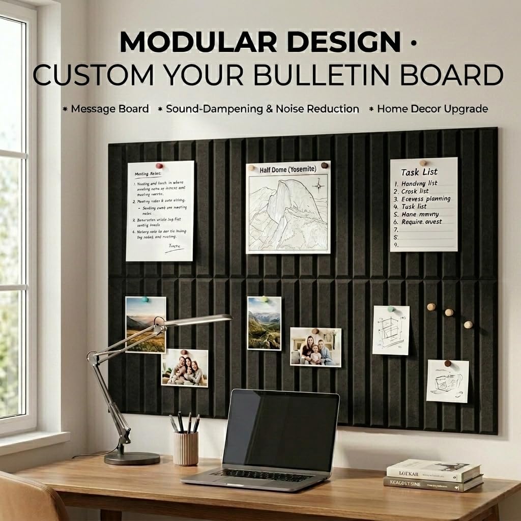 LOUKAII 0.47" Extra Thick Felt Bulletin Board, 6 Pack 36"x24" Large Pin Board with 50 Push Pins & 30 Removable Adhesive Tabs, No-Warp Wall-Friendly Display for Home Office Classroom, Black