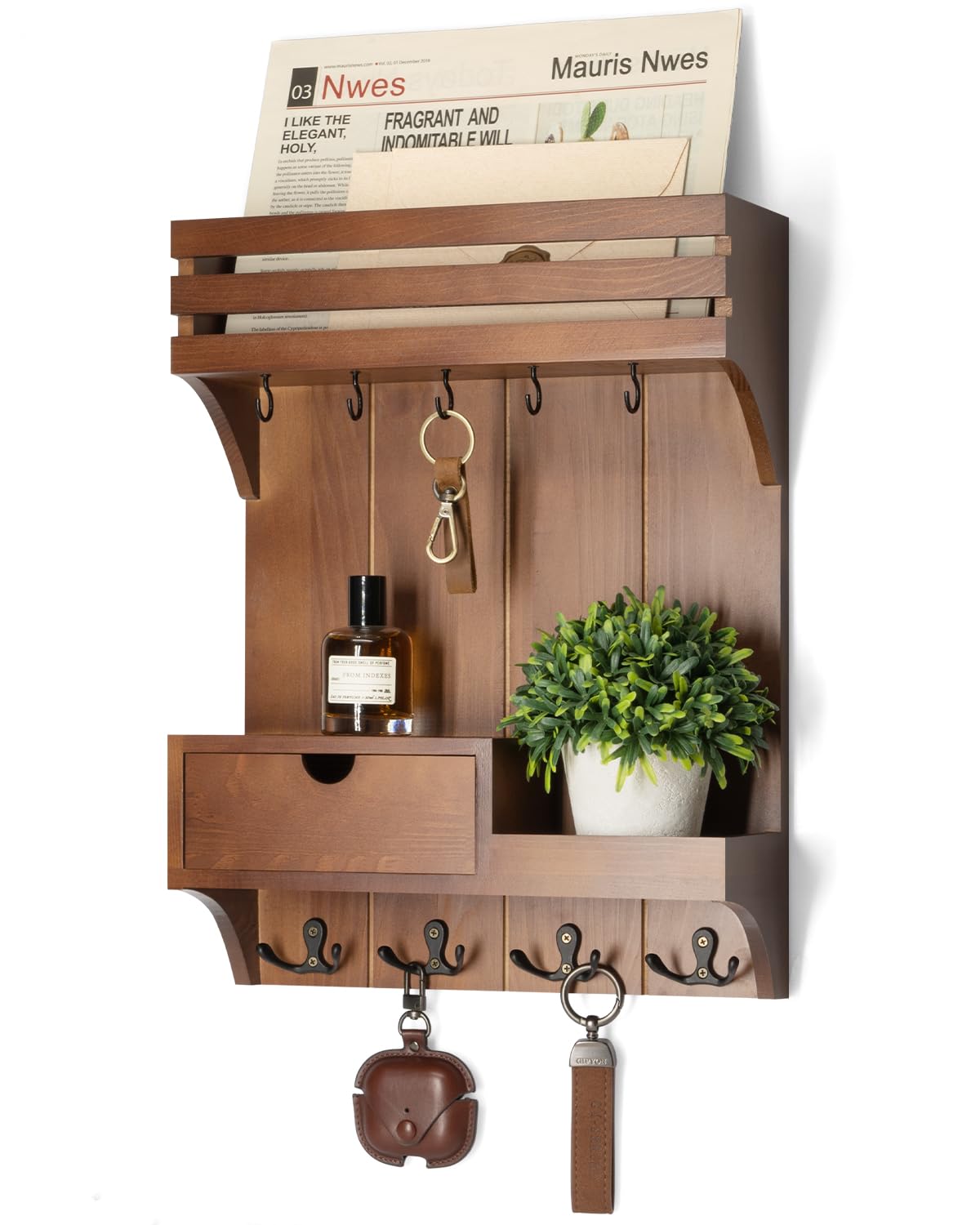 Rebee Vision Farmhouse Key Holder Wall Mount – Decorative Mail Organizer with 9 Key Hooks and Mini Drawer Organizer – Rustic Home Decor for Apartment Essentials (Brown)