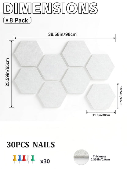 Uoisaiko 8 Pack Hexagon Felt Bulletin Board Tiles - 12" Large Thick Pin Board for Walls with 30 Push Pins, DIY Boards for Office Home School Decor, Aesthetic Hex Cork Board Alternative