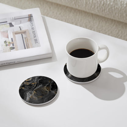 Hoomey Set of 6 Abstract Black Marble Coasters with Holder, Absorbent Ceramic Coasters for Drinks, Coasters with Cork Backing for Table Protection, Housewarming Gifts for New Home