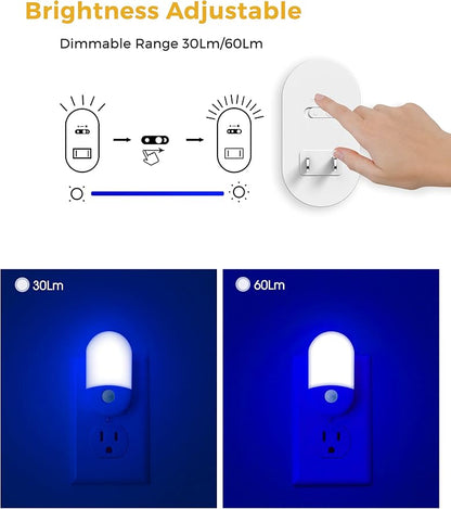 Blue Night Light Plug in, LOHAS Motion Sensor Blue LED Night Lights Plug Into Wall, Adjustable Brightness, 0.6W LED Night Lights for Kids, Bathroom, Bedroom, Independence Day Decorations, 2 Pack