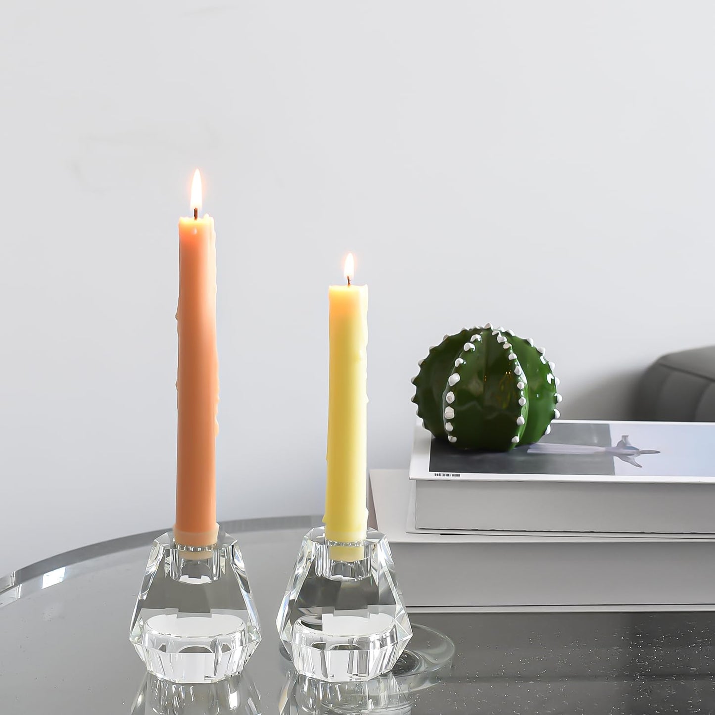 Marvala Crystal Candle Holders Pack of 2, Reversible Clear Tealight or Taper Candlesticks, Table Centerpiece Home Decor for Wedding, Dining, Party, Luxury Gift Set (Transparent)