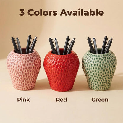 Uhuida Cute Strawberry Pencil Holder for Desk, Large Ceramic Pen Holder & Makeup Brush Holder, Kawaii Strawberry Desk Organizers for Girls Kids Teachers(Green)