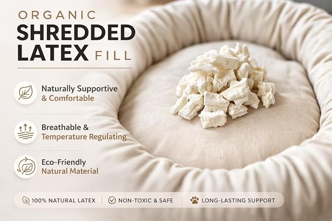 Round Dog Bed – Natural Canvas, Removable Washable Cover, Raw Cotton or Latex Fill, Hypoallergenic Non-Toxic, Made in USA (Natural, Small, Firm Support – Raw Cotton)
