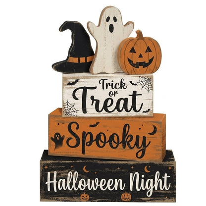 4 Pcs Halloween Decor, Trick or Treat Tiered Tray Decorations, Wooden Block Signs with Ghost Jack-O-Lantern Witch Hat, Farmhouse Rustic Table Centerpiece for Home Kitchen Mantel
