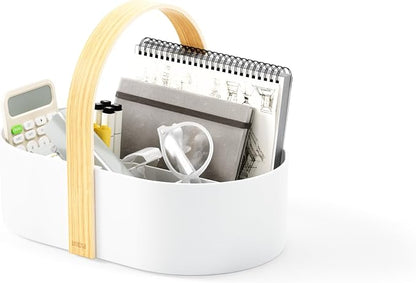 Umbra Bellwood Caddy, Organizer Bin for Makeup and Cosmetics, Durable Lightweight Container with Wooden Handle and Removable Dividers, Small, White/Natural