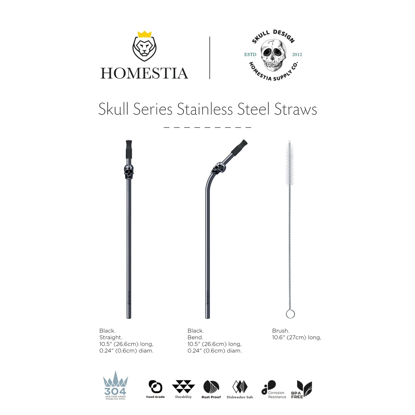 Homestia Skull Reusable Stainless Steel Straws 10.5" - 6 Pack Metal Drinking Straws with Cleaning Brush & Pouch for Tumbler, Smoothie, Cocktail (3 Straight + 3 Bent), Black Color