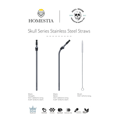 Homestia Skull Reusable Stainless Steel Straws 10.5" - 6 Pack Metal Drinking Straws with Cleaning Brush & Pouch for Tumbler, Smoothie, Cocktail (3 Straight + 3 Bent), Black Color