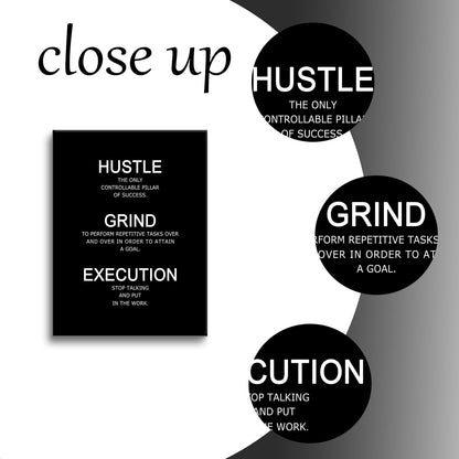 Motivational Poster Wall Art Inspirational Quotes Hustle Grind Execution Picture Print Positive Saying Painting Artwork for Modern Home Bedroom Office Workplace Stretched and Framed [18''W x 24''H]