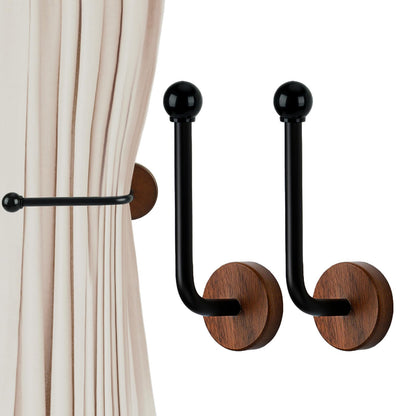 Earssa 2 Pack Adhesive Curtain Holdbacks no Drill Wood Curtain Tiebacks Wall Mounted Curtain Pull Backs Curtain Tie Backs for Drapes (Black)