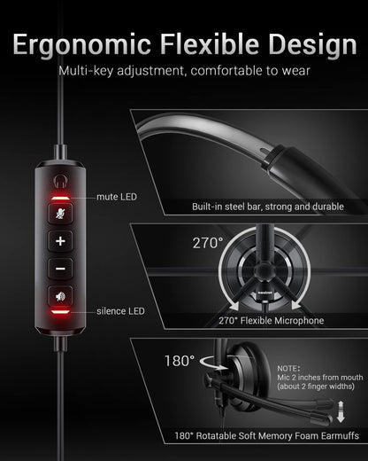 awatrue EH05-U Wired USB Headset with Noise Cancelling Microphone for PC Laptop - Headphones with In-Line Control, Lightweight, Enhanced Sound & MIC Mute