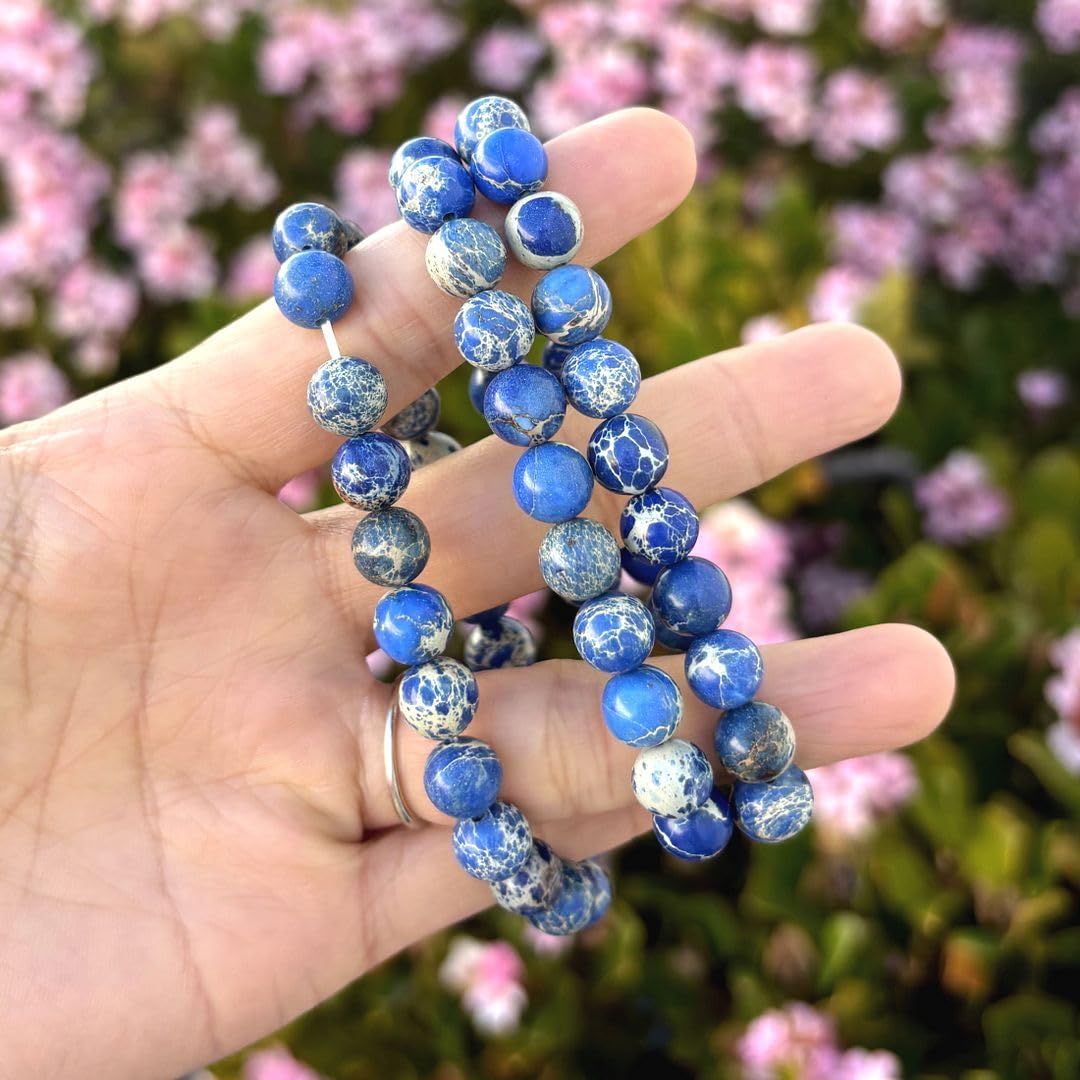 Adabele Real Natural Blue Impression Aqua Terra Sea Sediment Jasper Gemstone Beaded Bracelet 7 inch Stretch Chakra Healing Crystal Stone Jewelry Women Mom Gift GB8-B3
