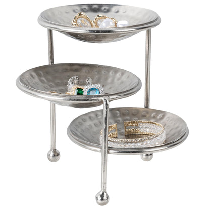 MyGift 3 Tier Jewelry Dish Organizer, 4 Inch Hammered Silver Metal Dishes and Stand, Decorative Ring Tray Jewelry Holder Display Tower for Earrings Necklace Bracelet - Handcrafted in India