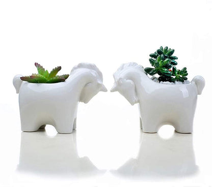 Gemseek Cute Unicorn Succulent Planter Pot with Drainage Tray, Small White Ceramic Cactus Flower Container, Animal Shaped Indoor Air Plants Holder