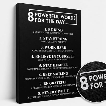 PJQART 8 Powerful Words for the Day Inspirational Framed Canvas Wall Art, Black and White Quote Poster with Uplifting Phrases for Home Office, Dorm Room, or Classroom Decor, 24x18 Inch